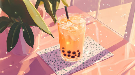 A refreshing iced beverage with tapioca pearls sits on a sunny table, surrounded by soft light and greenery, evoking a warm and inviting atmosphere.の素材