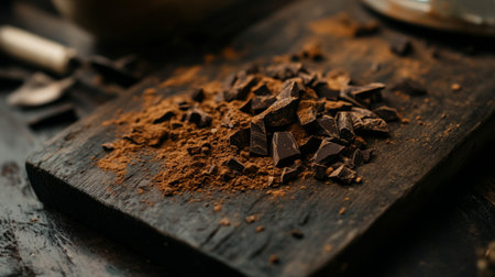 A close-up view of cocoa powder and dark chocolate chunks on a rustic wooden board, perfect for culinary creations, desserts, and gourmet baking.の素材