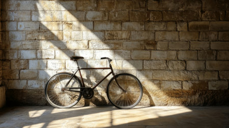 A classic vintage bicycle stands in solitude against a textured rustic wall, beautifully illuminated by sunlight streaming through, creating an artistic atmosphere.の素材