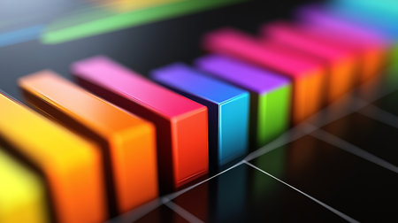 This vibrant image showcases colorful 3D rectangles arranged to represent data visualization. Ideal for business analysis, marketing materials, and tech presentations.の素材