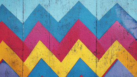 This image features a vibrant zigzag pattern in bold colors on a weathered wooden background. Ideal for creative projects, it radiates energy and liveliness.の素材