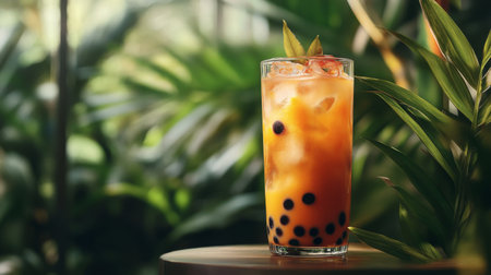 A vibrant tropical drink with tapioca pearls served in a tall glass surrounded by lush greenery. Perfect for summer refreshment and relaxation.の素材