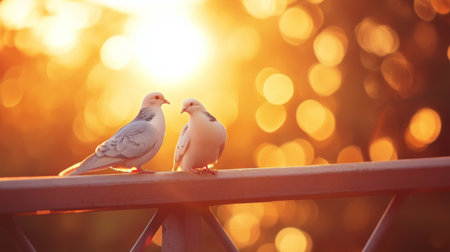 This serene image captures two birds perched on a railing during a stunning sunset. The warm bokeh lights create a peaceful ambiance, emphasizing nature's beauty.の素材