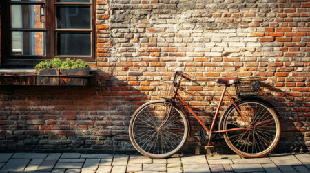 A vintage bicycle rests against a rustic brick wall, highlighting serene urban charm. Soft sunlight casts gentle shadows, creating a nostalgic atmosphere.の素材