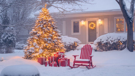 A charming winter landscape featuring a beautifully decorated Christmas tree surrounded by adorned gifts and a cozy red chair, all under soft snowfall.の素材