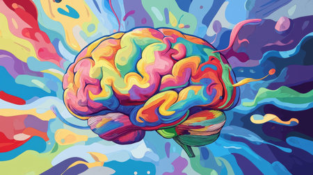 A vibrant and colorful abstract illustration of a human brain, symbolizing creativity, imagination, and mental processes against a dynamic backdrop of swirling colors.の素材