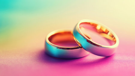 Two elegant gold wedding rings rest on a soft, colorful background, symbolizing love and commitment. The shiny surface reflects light beautifully, enhancing the romantic feel.の素材