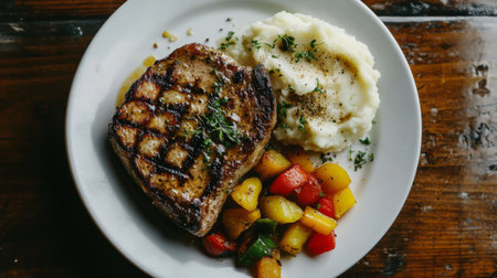 A beautifully arranged plate featuring grilled meat, creamy mashed potatoes, and a colorful vegetable medley, perfect for a comforting dinner experience.の素材