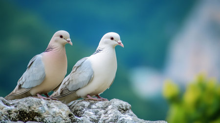 Capture the beauty of nature with two elegant birds perched gracefully on a rock, surrounded by a serene landscape. A moment of tranquility and grace.の素材