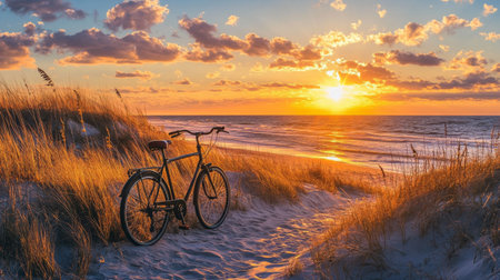 A tranquil beach scene at sunset featuring a bicycle parked on a sandy pathway surrounded by golden grass. The vibrant sky reflects warmth and serenity.の素材