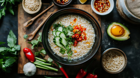 A beautifully styled bowl of savory rice porridge topped with fresh herbs, cucumber, and spices, showcasing a delicious breakfast or comfort meal.の素材