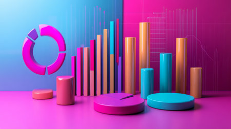 This vibrant illustration features modern data visualization elements, including colorful graphs and charts, showcasing business performance and analytics trends.の素材