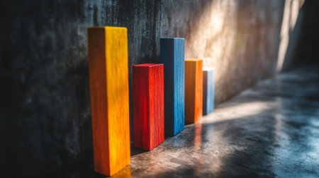 This image features vibrant wooden blocks arranged in a growth pattern, symbolizing success and development. The modern background adds a touch of sophistication.の素材