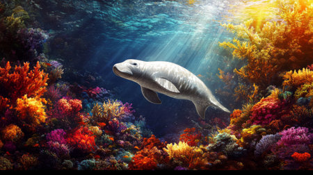 A serene underwater scene featuring a manatee swimming casually through a lush, vibrant coral reef. Sunlight pierces the water, illuminating the colorful marine life and creating a peaceful atmosphere.の素材