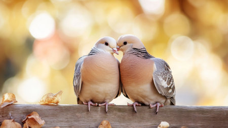 Two doves share an intimate moment on a wooden fence amidst soft autumn colors. This serene scene captures the essence of wildlife, love, and harmony in nature.の素材