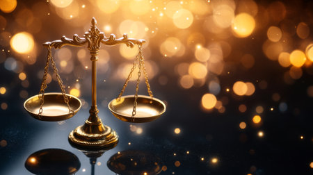 A stunning image of golden scales of justice set against a sparkling bokeh background, symbolizing balance and fairness in the legal system and ethics.の素材