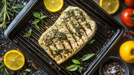 A beautifully grilled fish fillet garnished with fresh herbs and citrus fruits, showcasing vibrant colors and textures perfect for culinary inspiration.の素材