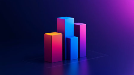 This abstract 3D bar chart features vibrant colors against a dark background, creating a modern and engaging representation of data analysis and metrics.の素材