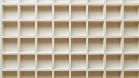 Clean white shelf featuring a grid of square cubby storage units, perfect for organizing and displaying items in a modern interior space. Ideal for home or office.の素材