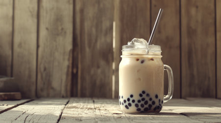 Enjoy a delightful bubble tea served in a stylish glass jar, complete with ice and tapioca pearls, set against a rustic wooden background for a cozy vibe.の素材