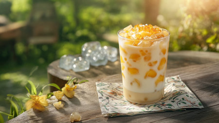 A vibrant and refreshing summer drink featuring creamy fruit and ice, beautifully presented on a wooden table. Perfect for outdoor gatherings and relaxation.の素材