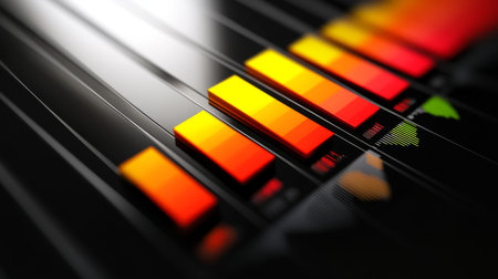 A vibrant data visualization featuring colorful bars on a sleek reflective surface, ideal for representing statistics and performance metrics in a modern design.の素材