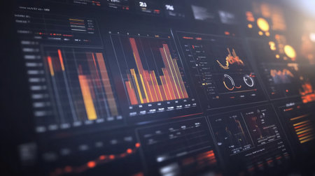 Explore a striking digital landscape showcasing intricate data visualizations. This image features vibrant graphs, charts, and metrics that convey powerful insights and trends in technology and business analytics.の素材