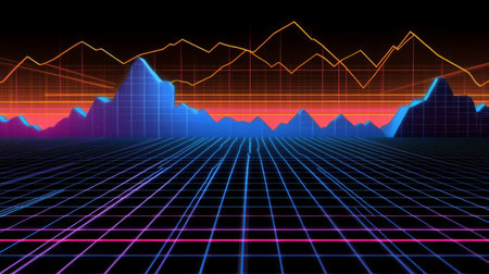 This vibrant digital artwork features a futuristic data visualization with a grid pattern and colorful peaks, perfect for technology and analytics themes.の素材