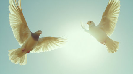 Two birds soar gracefully against a bright, sunlit sky, representing freedom and beauty in nature. Their elegant wings catch the light, creating a serene atmosphere.の素材