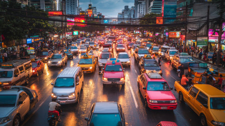 A bustling urban intersection at dusk, showcasing a vivid traffic jam filled with various vehicles. The scene captures the vibrant energy of city life.の素材