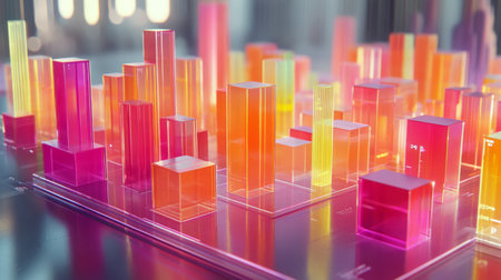 This vibrant 3D data visualization features colorful cubes and bars representing various data metrics. It showcases a modern approach to data analysis.の素材