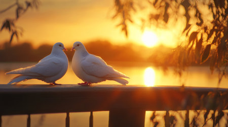 A beautiful scene of two white birds facing each other at sunset. The warm colors enhance the tranquil atmosphere by the lake, symbolizing love.の素材