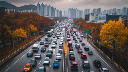A bustling urban highway filled with vehicles during autumn, showcasing vibrant foliage and a dynamic city skyline in the background. Ideal for illustrating urban life.の素材