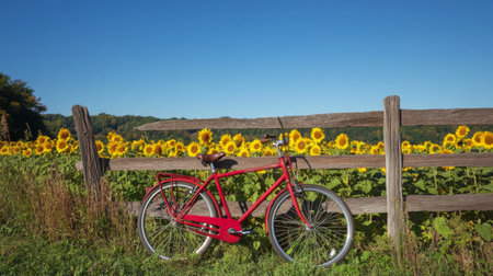 A vintage red bicycle leans against a rustic wooden fence, framed by a vibrant sunflower field under a clear blue sky, evoking a sense of peaceful summer adventure.の素材