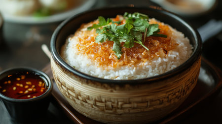 This image showcases a delectable bowl of rice adorned with crisp toppings and fresh herbs, served with a side of spicy sauce, ideal for capturing Asian culinary delights.の素材