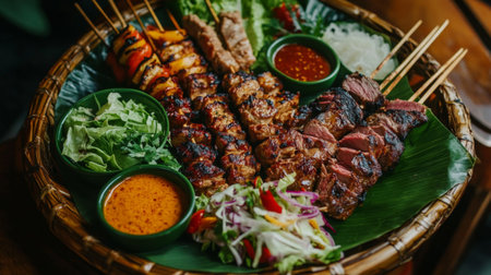 A vibrant assortment of grilled meat skewers paired with fresh vegetables and flavorful dipping sauces, perfect for culinary enthusiasts and outdoor gatherings.の素材