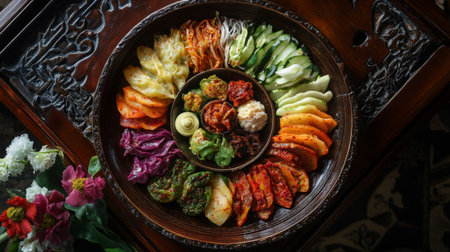 A stunning wooden platter featuring an array of fresh vegetables and delicious fermented dishes, showcasing the beauty and diversity of Korean cuisine in a vibrant display.の素材