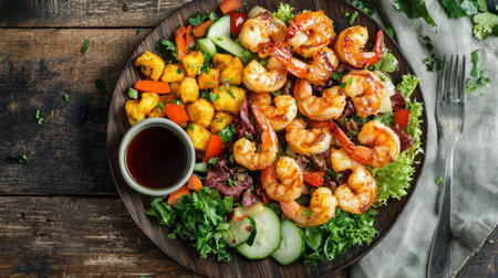 A beautifully arranged plate of grilled shrimp and fresh vegetables showcases a vibrant and nutritious meal, ideal for food lovers and culinary enthusiasts.の素材