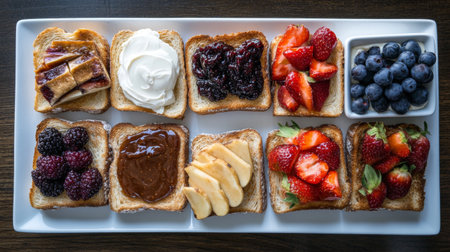 A vibrant display of toasted bread topped with a variety of tasty ingredients including fruits, jams, and cream, perfect for breakfast or a delightful snack.の素材