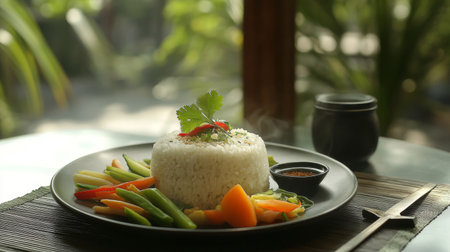 Delight in a beautifully arranged plate of steamed rice complemented by vibrant vegetables, showcasing freshness and healthy eating in a serene natural setting.の素材