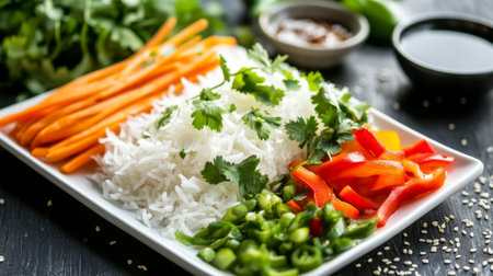A colorful and fresh vegetable platter featuring rice, crisp carrots, vibrant bell peppers, and sprinkled herbs, perfect for healthy meal preparation and appetizing presentations.の素材