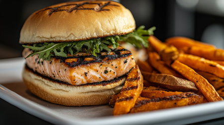A delicious grilled salmon burger layered with fresh greens sits next to crispy sweet potato fries, showcased beautifully on a plate in a restaurant environment.の素材