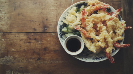 Indulge in this visually stunning tempura shrimp dish, served alongside fresh vegetables and a side of soy sauce for a perfect culinary experience.の素材