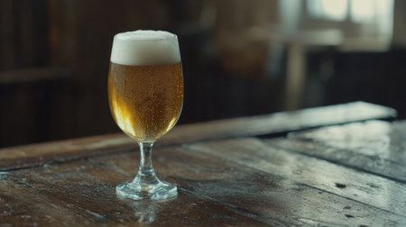 A beautifully crafted glass of beer filled with golden liquid and a frothy head sits on a rustic wooden table, highlighting a cozy bar atmosphere perfect for relaxation.の素材