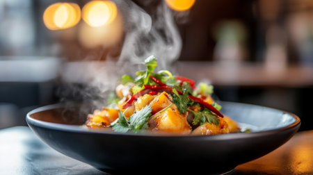 A steaming spicy dish is beautifully plated with fresh herbs and vibrant garnishes, creating an enticing visual perfect for food lovers and culinary enthusiasts.の素材