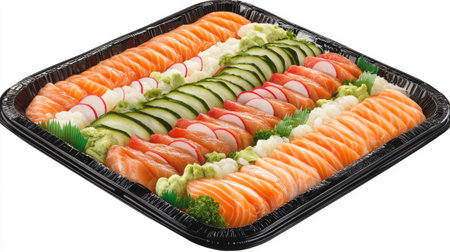 A vibrant platter of assorted sushi featuring salmon, cucumber, and wasabi, ideal for exploring Asian flavors at gatherings, restaurants, or home dining experiences.の素材
