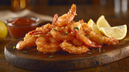Enjoy a vibrant serving of crispy golden fried shrimp, perfectly garnished with lemon wedges and a side of spicy sauce, ideal for seafood enthusiasts.の素材