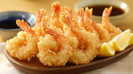 Delight in the crispy goodness of shrimp tempura served with lemon slices and dipping sauce, perfect for any meal or special occasion.の素材