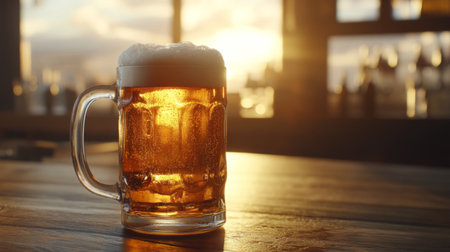 Enjoy a serene moment with a frosty glass of beer illuminated by a stunning sunset in this cozy bar atmosphere, perfect for unwinding and celebrating lifeの素材