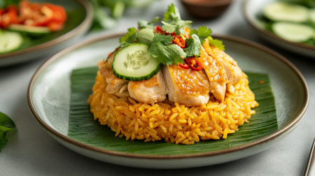 A visually appealing dish showcasing aromatic yellow rice complemented by tender chicken slices, fresh herbs, and vibrant vegetables, perfect for a delightful meal.の素材